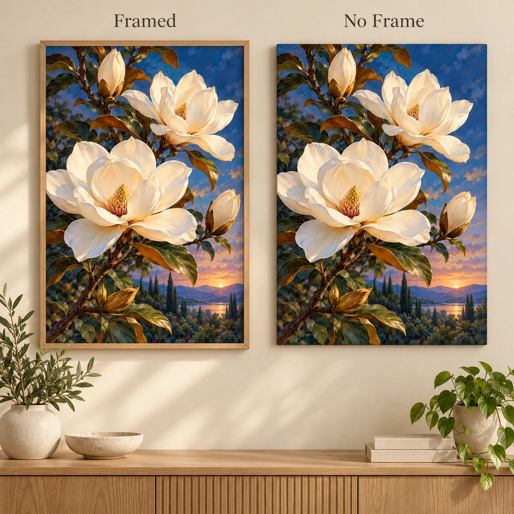 Ivory magnolias beneath a deep blue moonlit sky: framed and no-frame style comparison