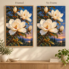 Ivory magnolias beneath a deep blue moonlit sky: framed and no-frame style comparison