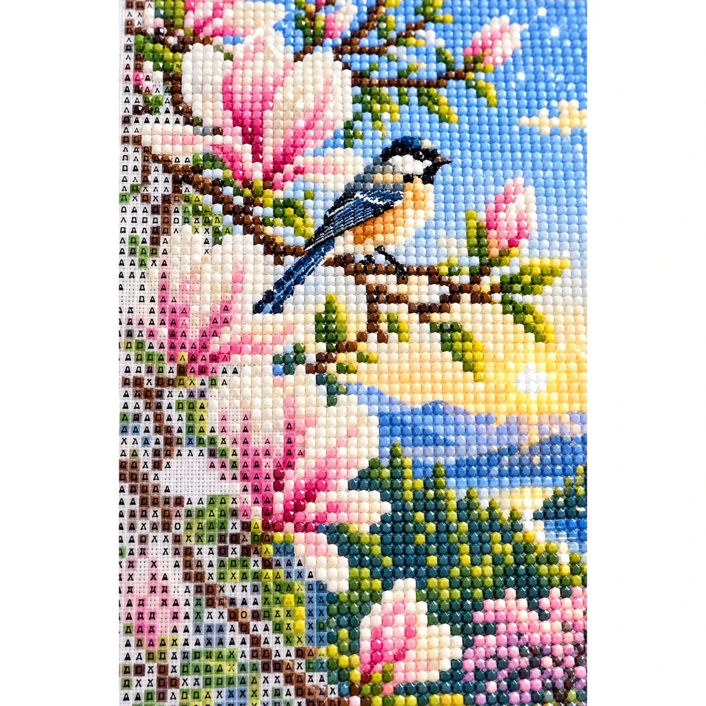Magnolia Mountain Songbird Diamond Painting Kit diamond and canvas detail