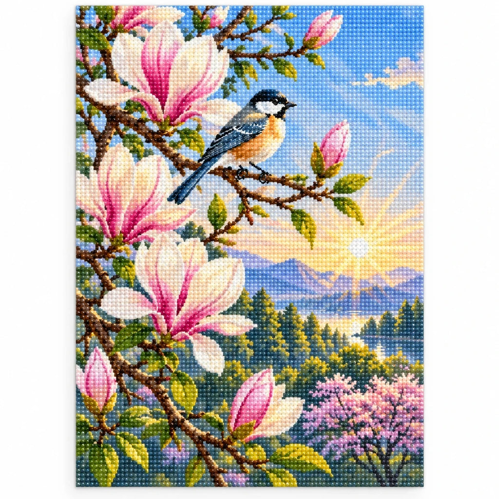 Magnolia Mountain Songbird Diamond Painting Kit finished diamond artwork on white background