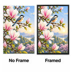 Magnolia Mountain Songbird Diamond Painting Kit No Frame and Framed comparison