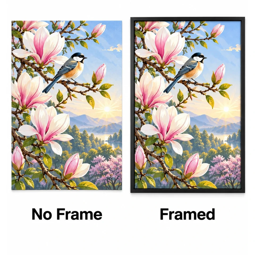 Magnolia Mountain Songbird Diamond Painting Kit No Frame and Framed comparison