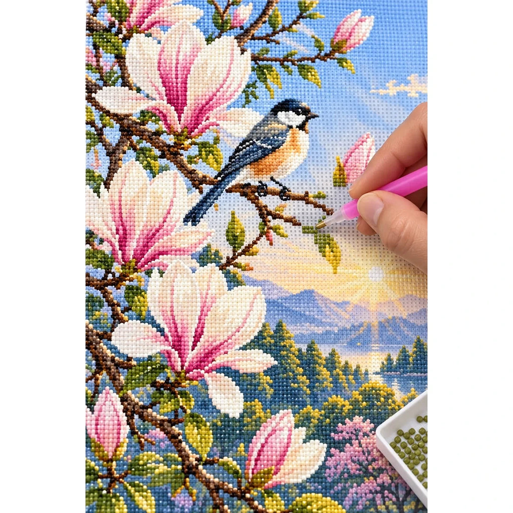 Magnolia Mountain Songbird Diamond Painting Kit diamond placement process