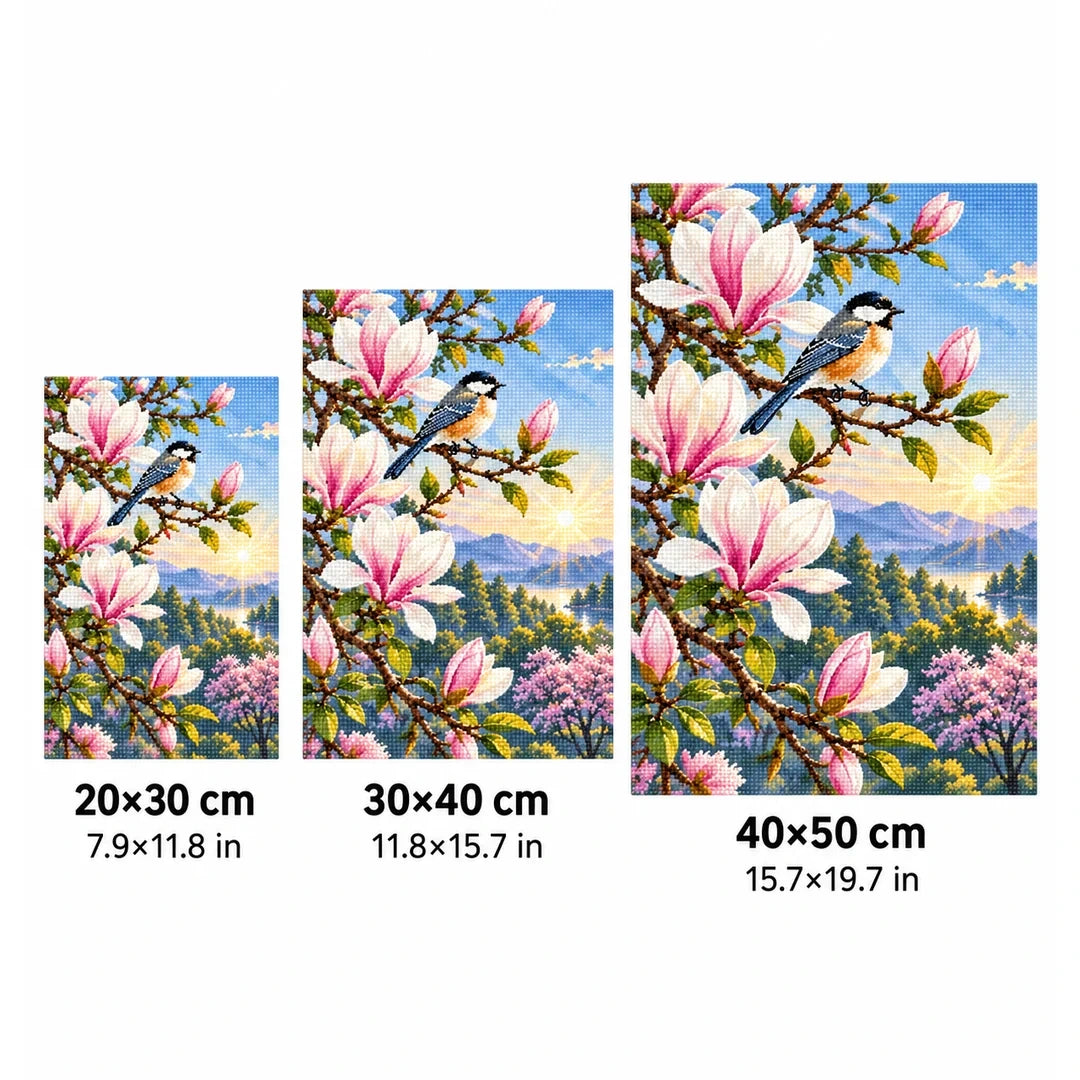 Magnolia Mountain Songbird Diamond Painting Kit size guide