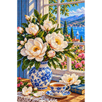 Magnolia Window Teacup — finished diamond painting on a white background