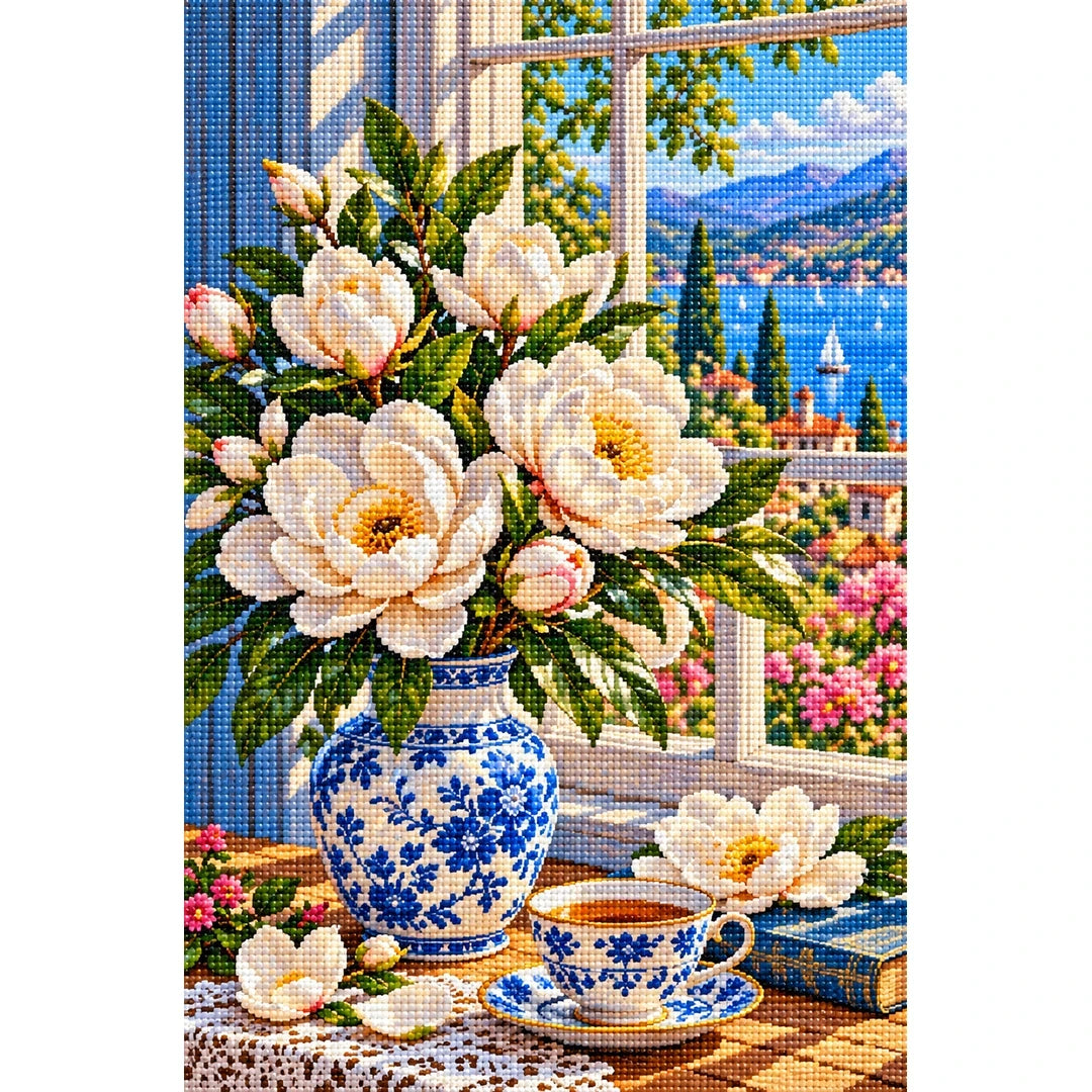 Magnolia Window Teacup — finished diamond painting on a white background