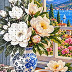 Magnolia Window Teacup — close-up canvas and resin drill detail