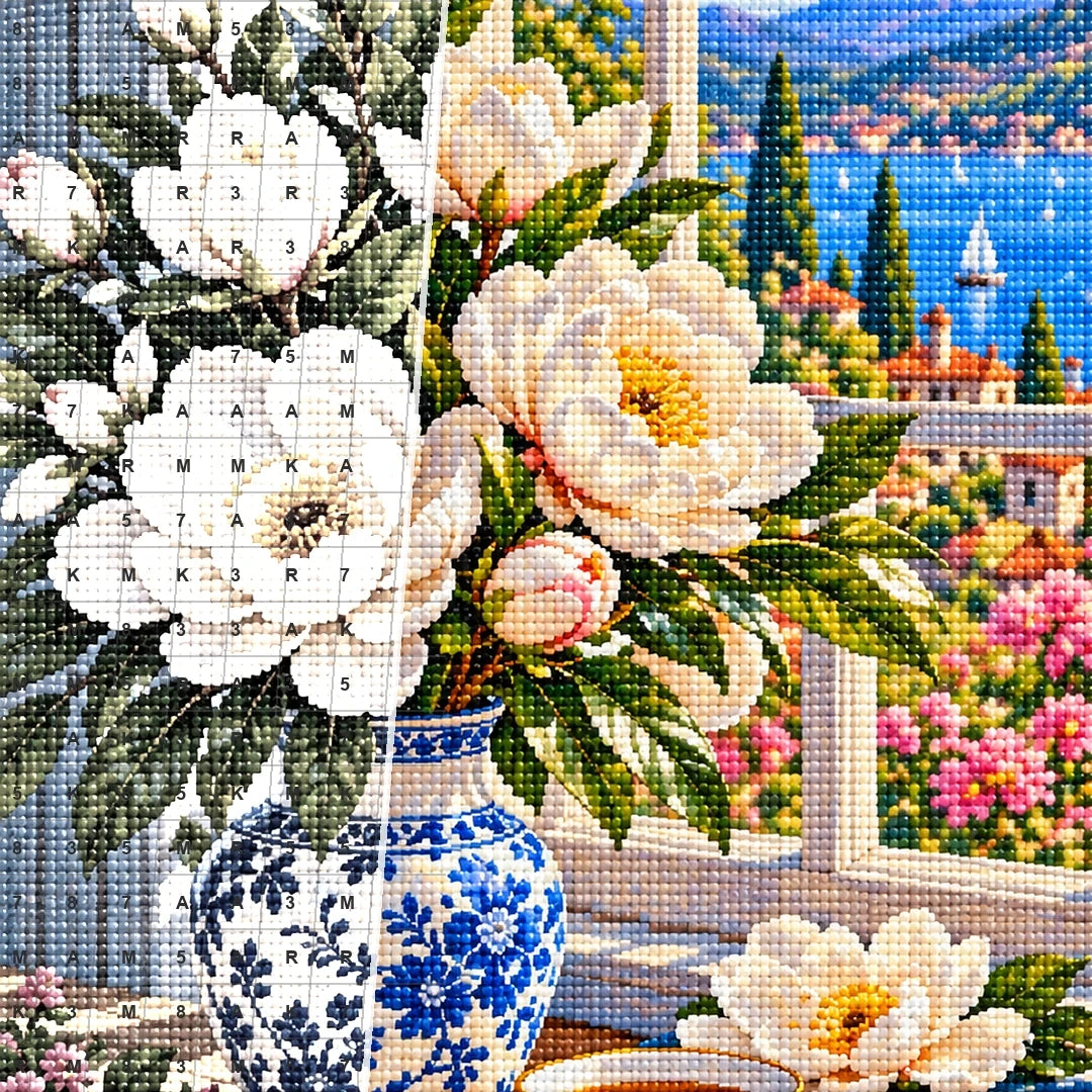 Magnolia Window Teacup — close-up canvas and resin drill detail