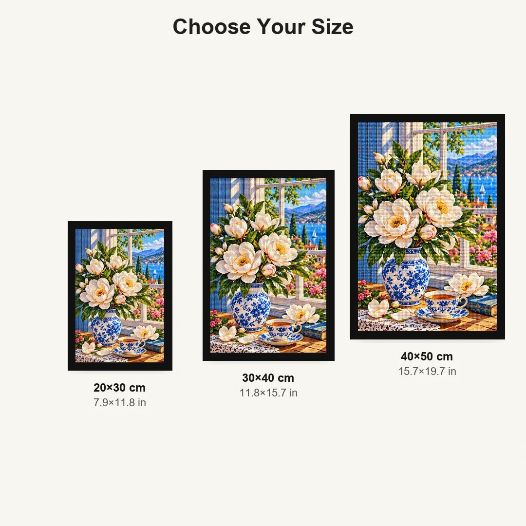 Magnolia Window Teacup — size comparison for 20 × 30, 30 × 40 and 40 × 50 cm