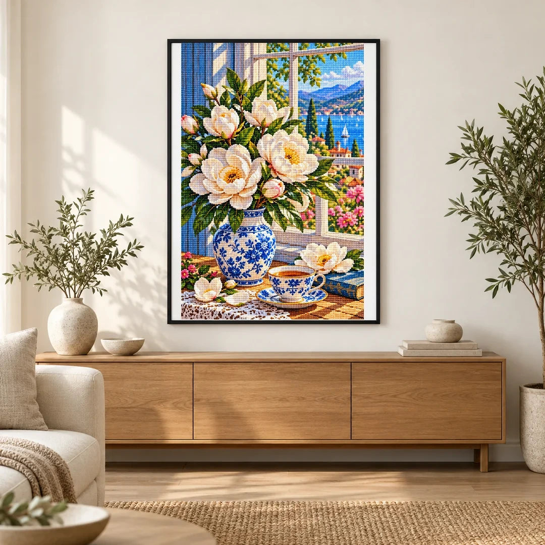 Magnolia Window Teacup — finished diamond painting displayed in a home interior