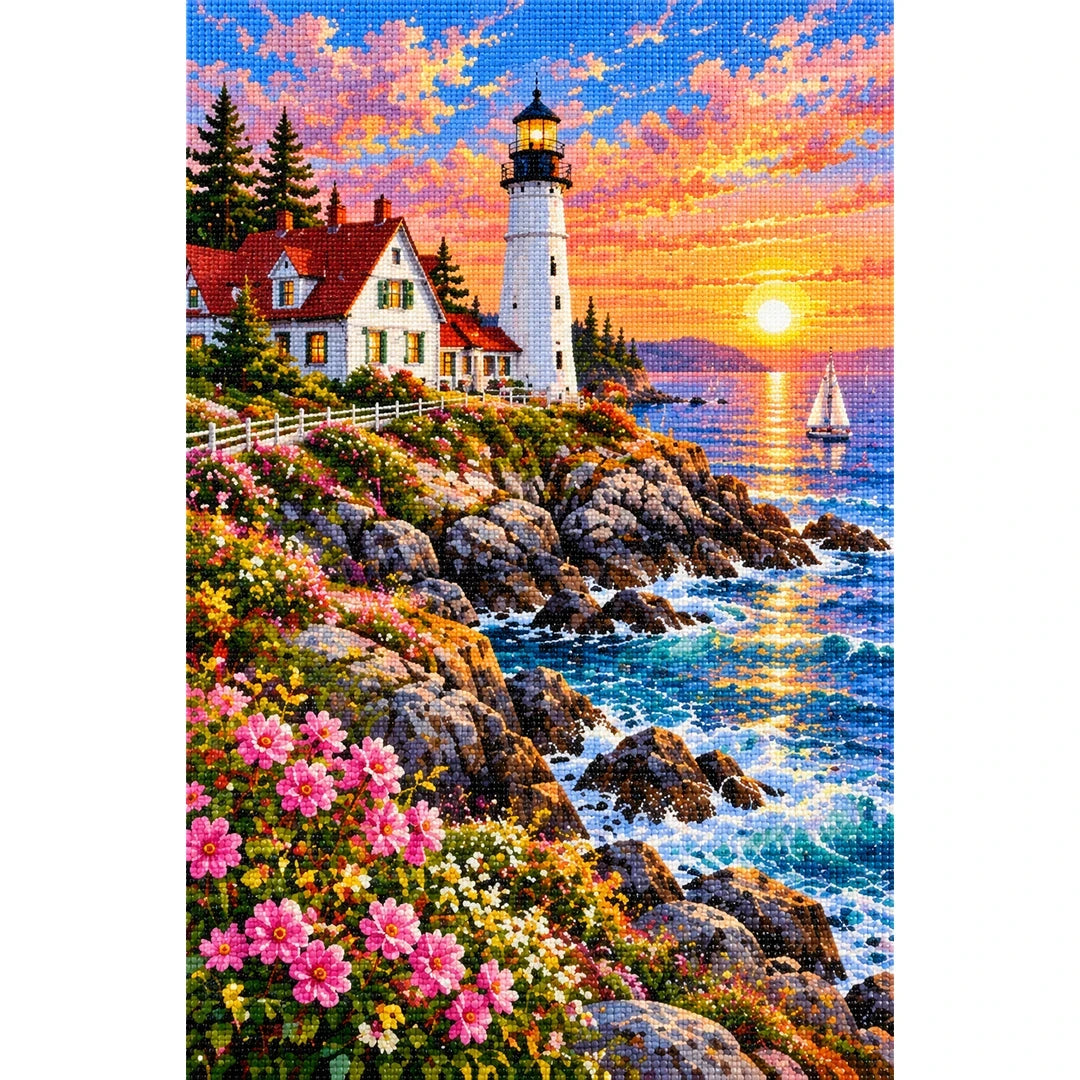 Maine Coast Lighthouse Sunrise finished diamond painting on white