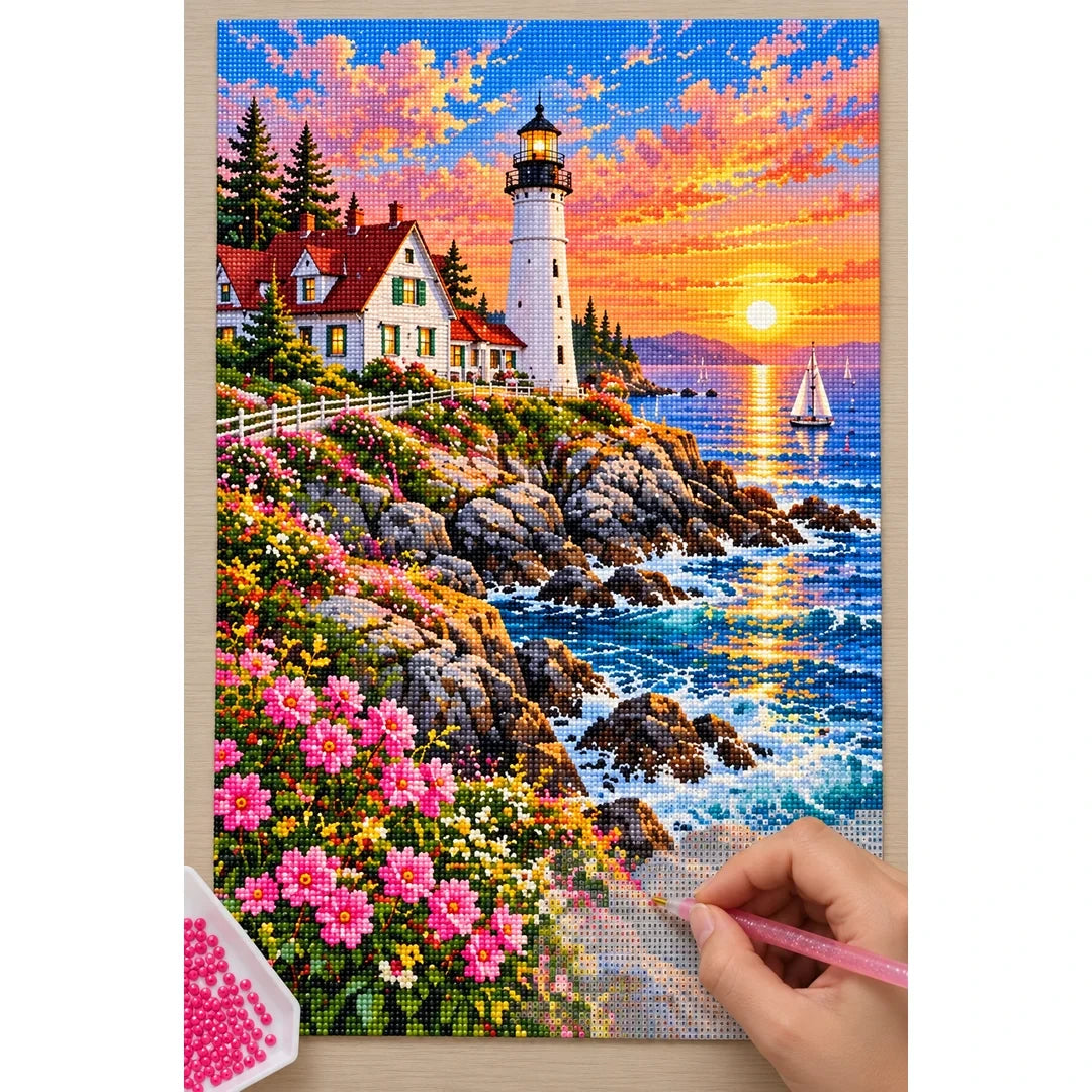 Maine Coast Lighthouse Sunrise diamond painting process