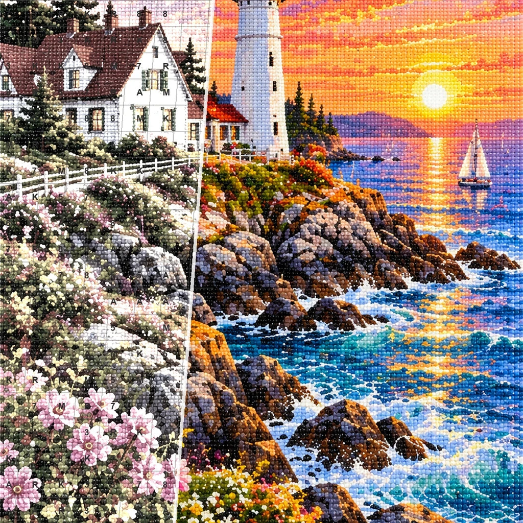 Maine Coast Lighthouse Sunrise canvas and resin drill detail