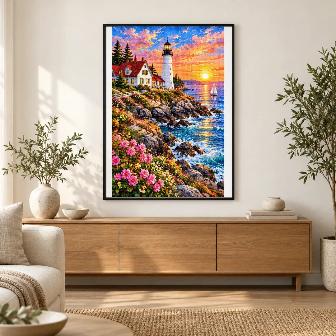 Maine Coast Lighthouse Sunrise finished artwork in home décor