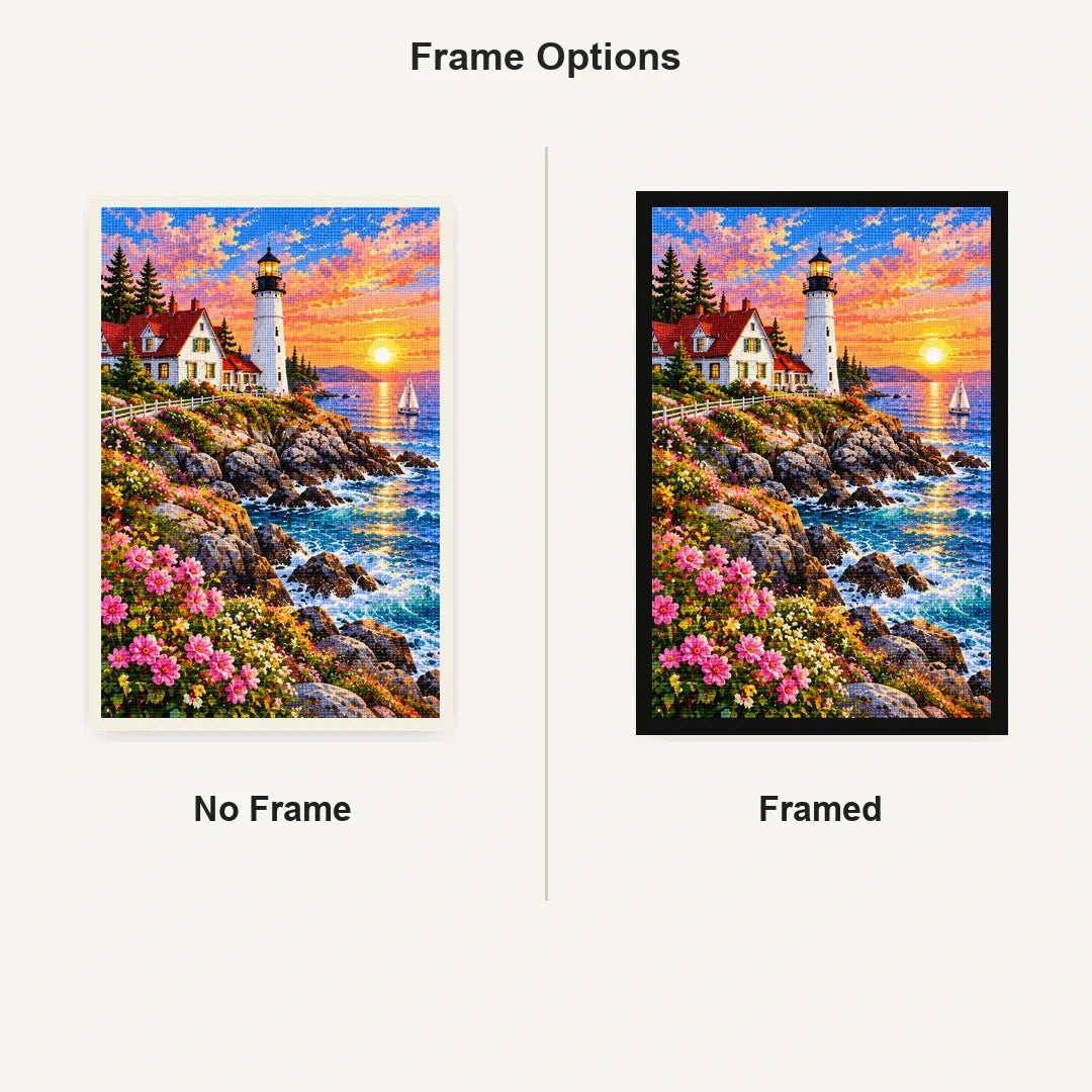 Maine Coast Lighthouse Sunrise No Frame and Framed comparison