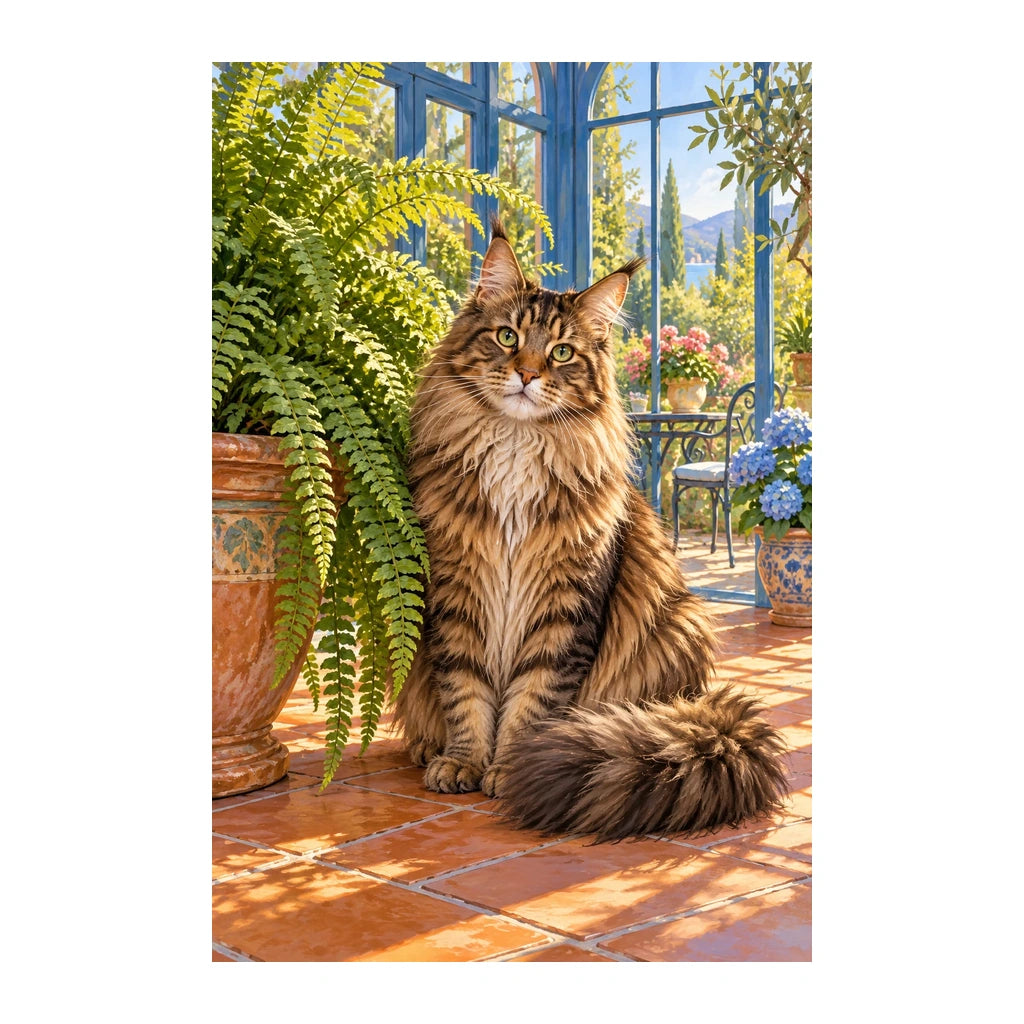 Original white-background artwork of Maine Coon Fern Room