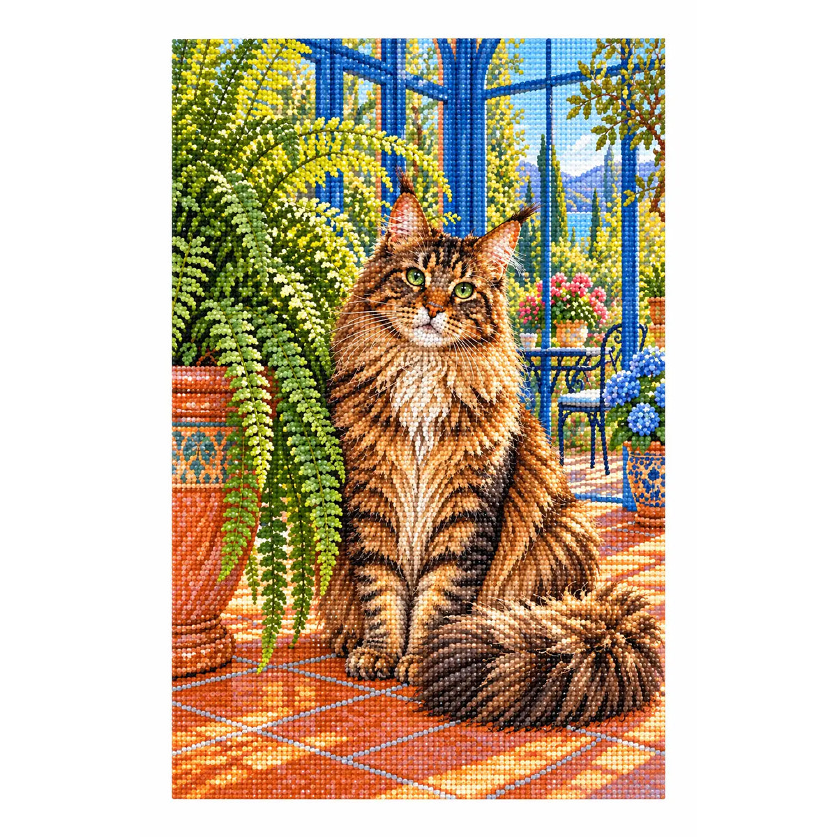 Finished white-background diamond painting of Maine Coon Fern Room