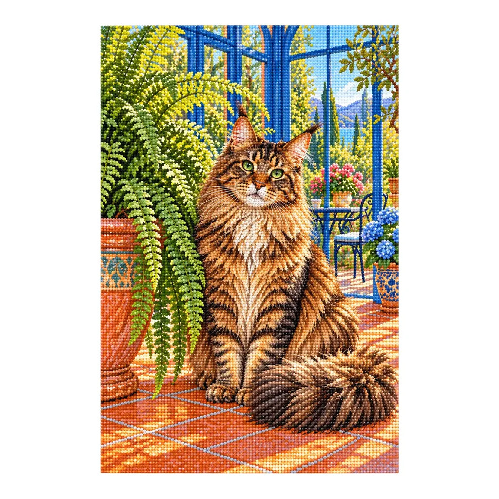 Finished white-background diamond painting of Maine Coon Fern Room