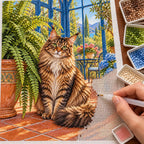 Hands placing drills on the Maine Coon Fern Room diamond painting canvas