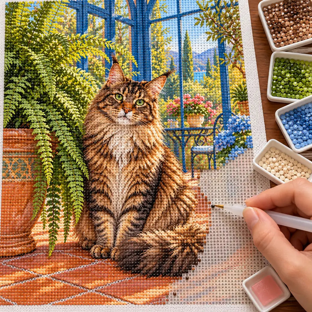 Hands placing drills on the Maine Coon Fern Room diamond painting canvas