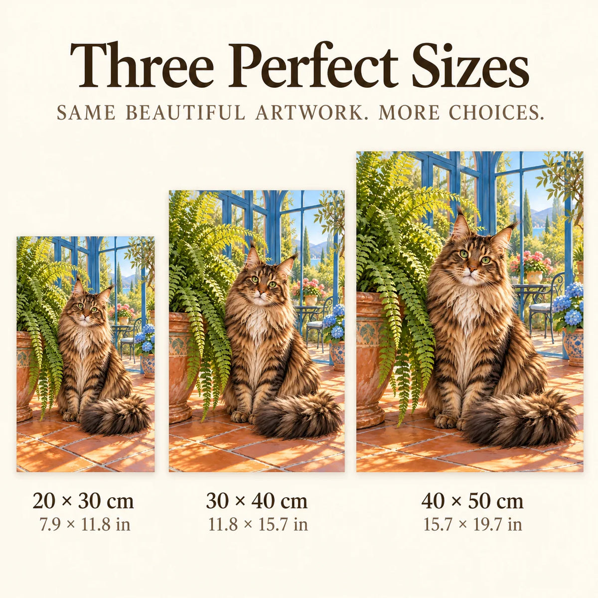 Maine Coon Fern Room diamond painting in 20 by 30, 30 by 40, and 40 by 50 centimeter sizes