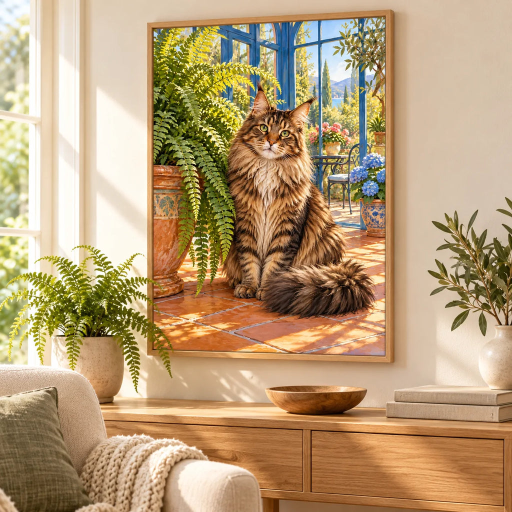 Framed Maine Coon Fern Room diamond painting displayed in a home interior