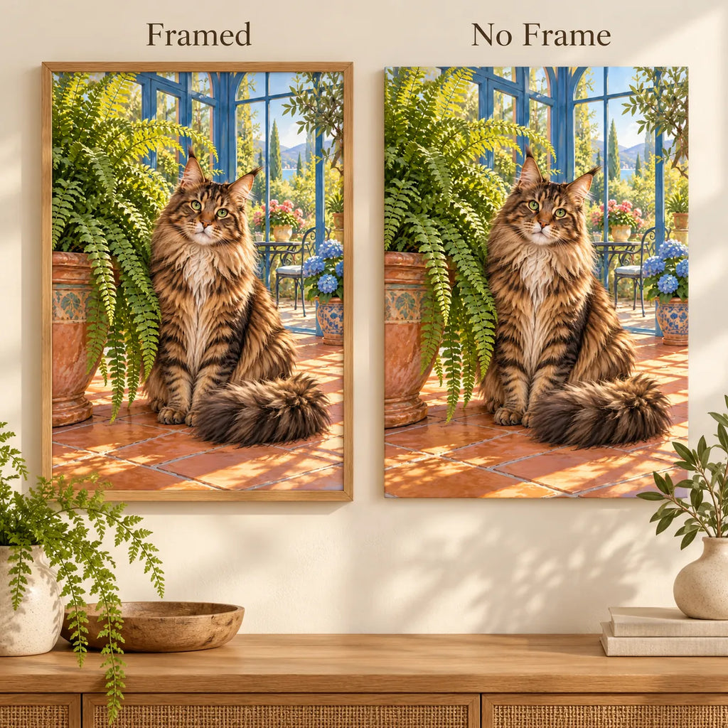 Framed and no-frame options for the Maine Coon Fern Room diamond painting