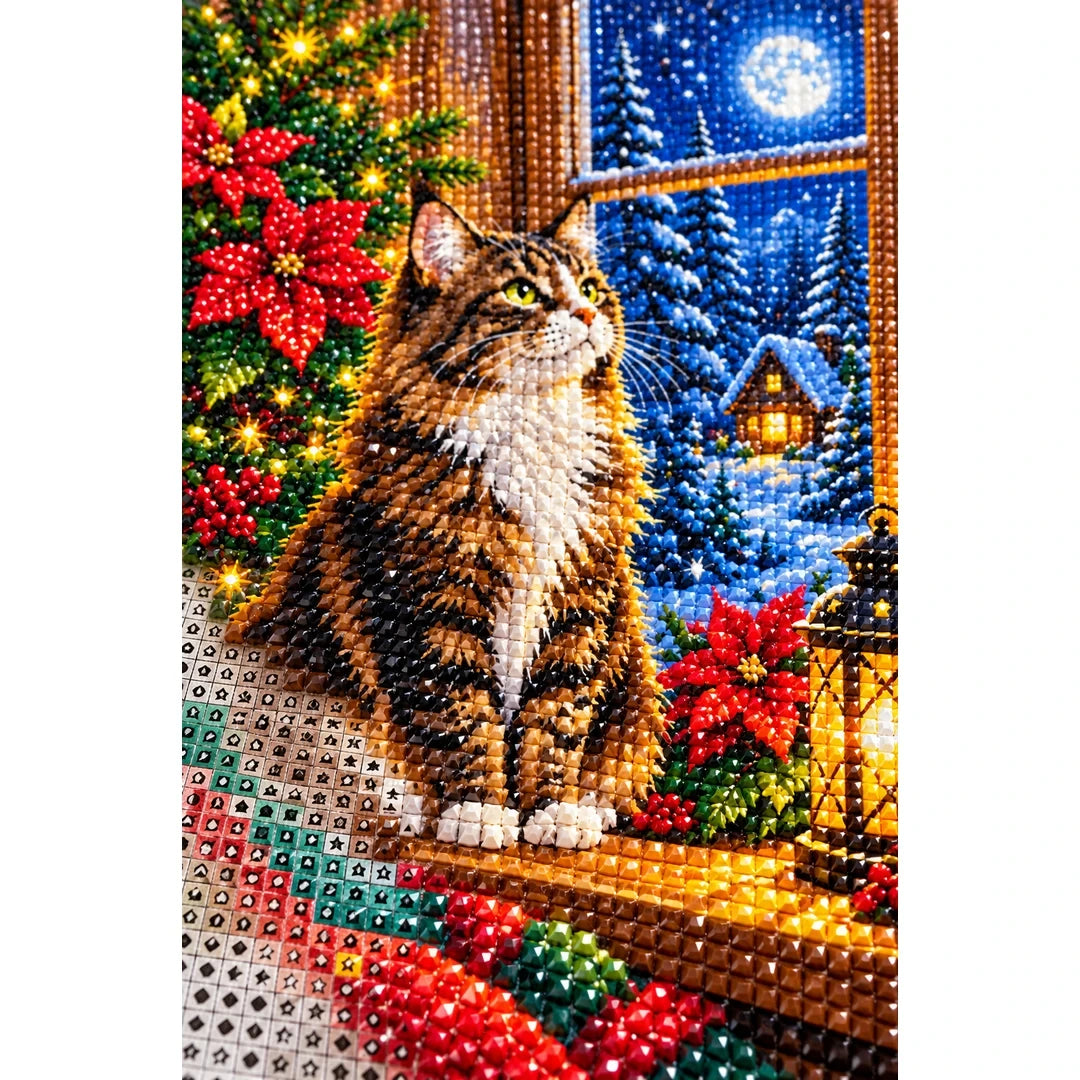 Maine Coon Winter Poinsettias Diamond Painting Kit — canvas and drill material detail
