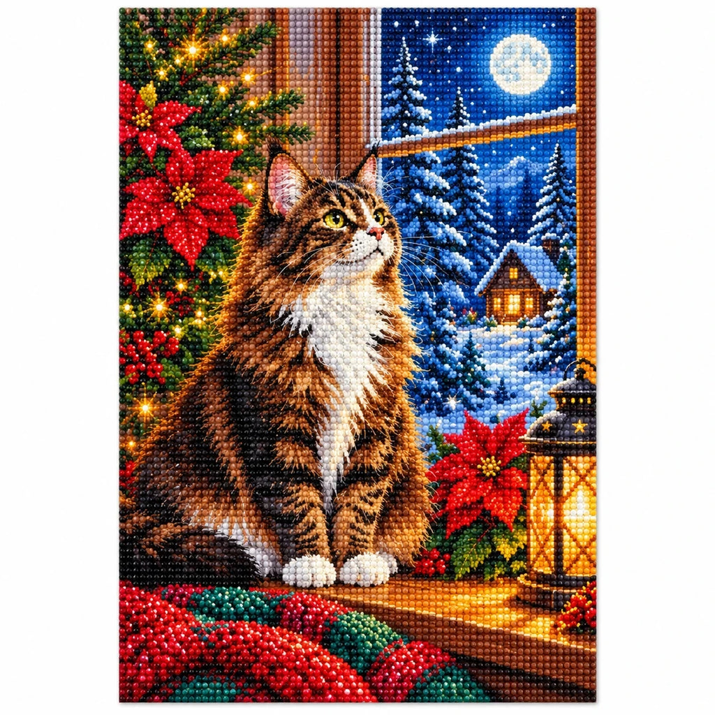Maine Coon Winter Poinsettias Diamond Painting Kit — finished diamond painting on white background