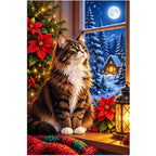 Maine Coon Winter Poinsettias Diamond Painting Kit — original white-background artwork