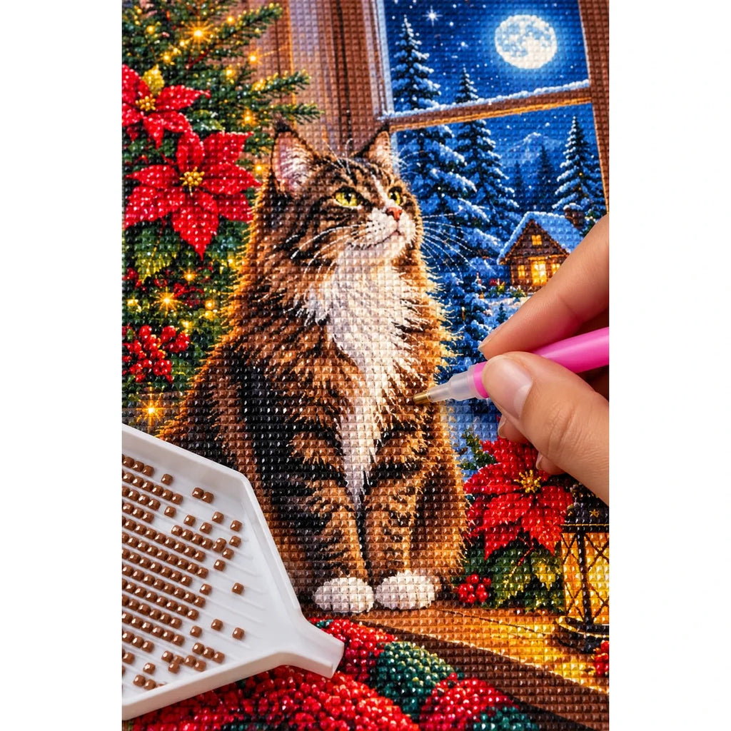 Maine Coon Winter Poinsettias Diamond Painting Kit — diamond painting application process
