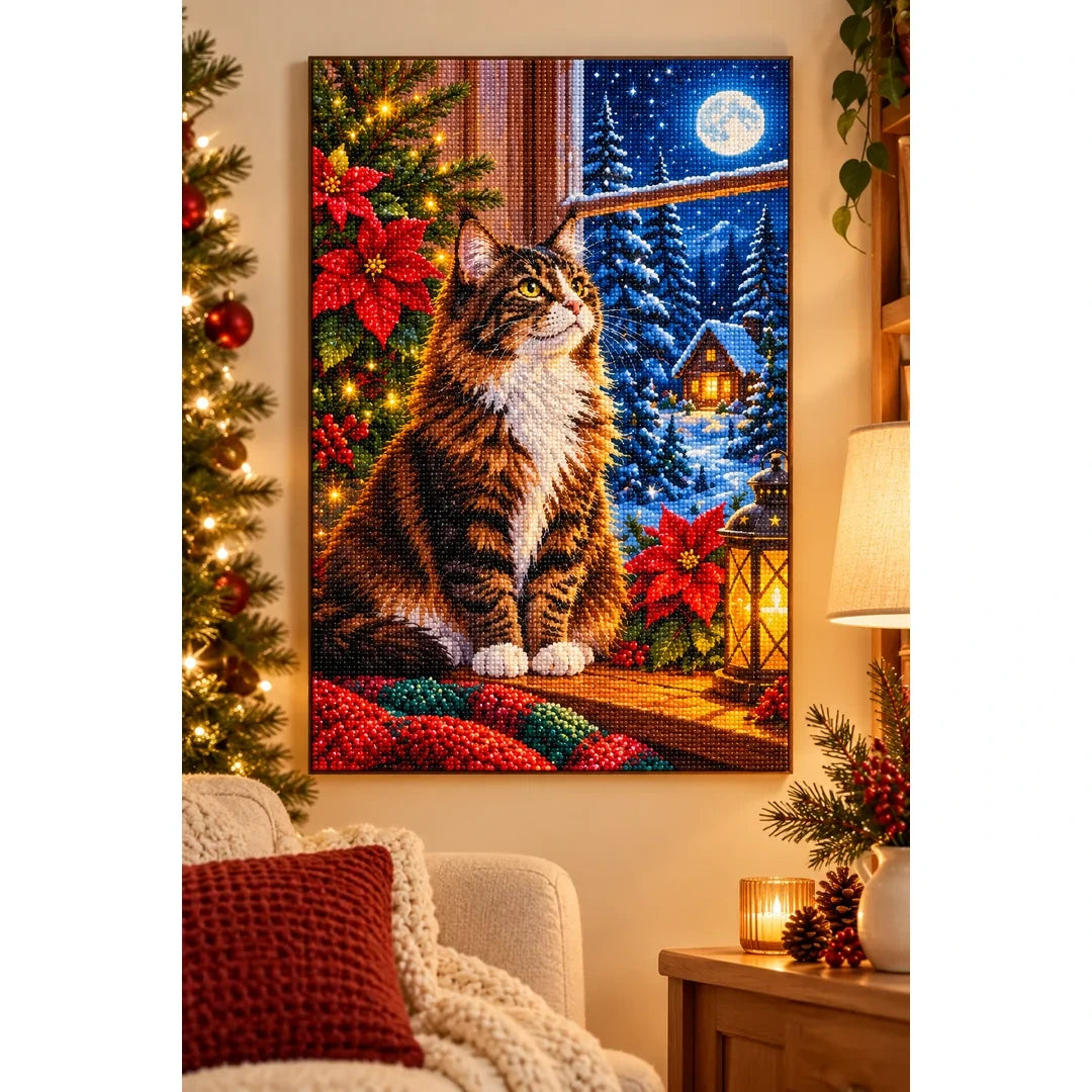 Maine Coon Winter Poinsettias Diamond Painting Kit — finished diamond painting in a home setting