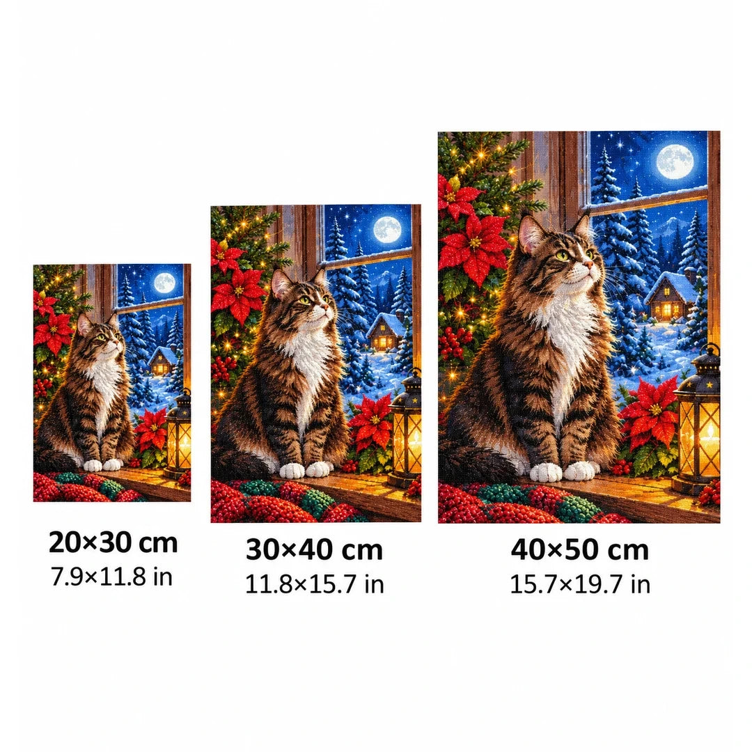 Maine Coon Winter Poinsettias Diamond Painting Kit — 20 by 30, 30 by 40, and 40 by 50 centimeter size guide
