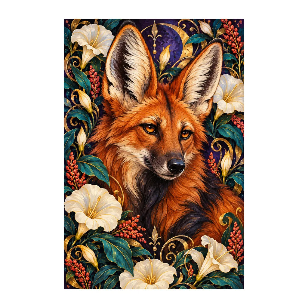 Original white-background artwork of Maned Wolf Moonflower Frame