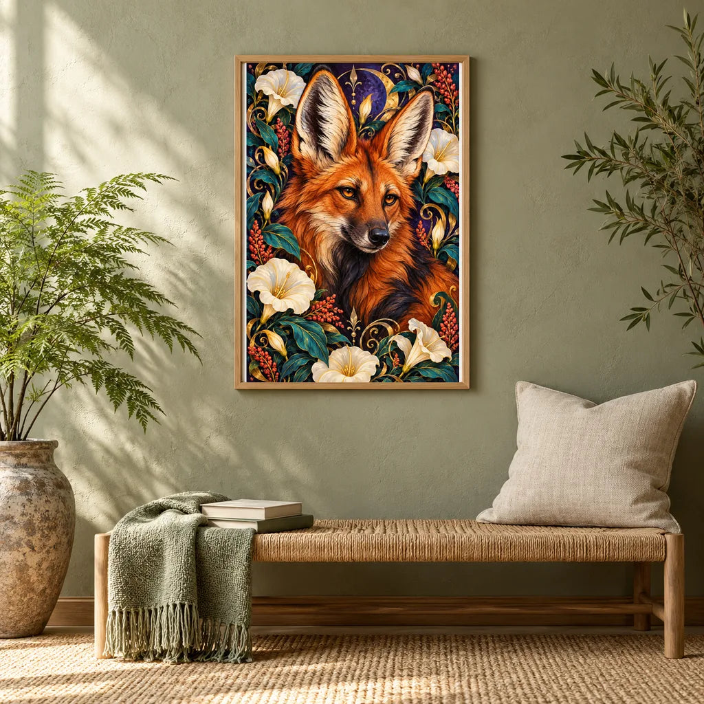 Framed Maned Wolf Moonflower Frame diamond painting displayed in a home interior
