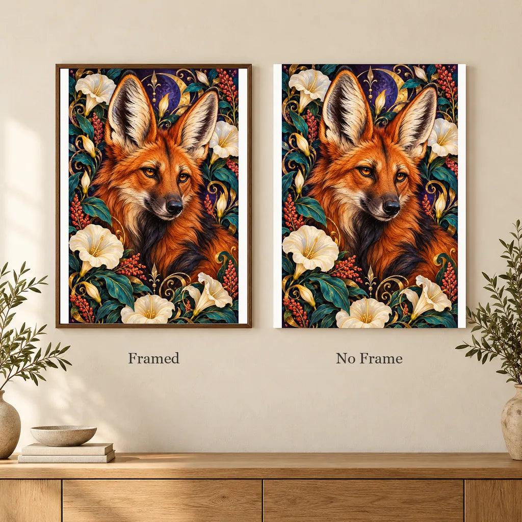 Framed and no-frame options for the Maned Wolf Moonflower Frame diamond painting