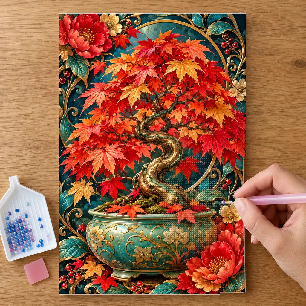 Hands placing drills on the Maple Bonsai Jewel Canopy diamond painting canvas
