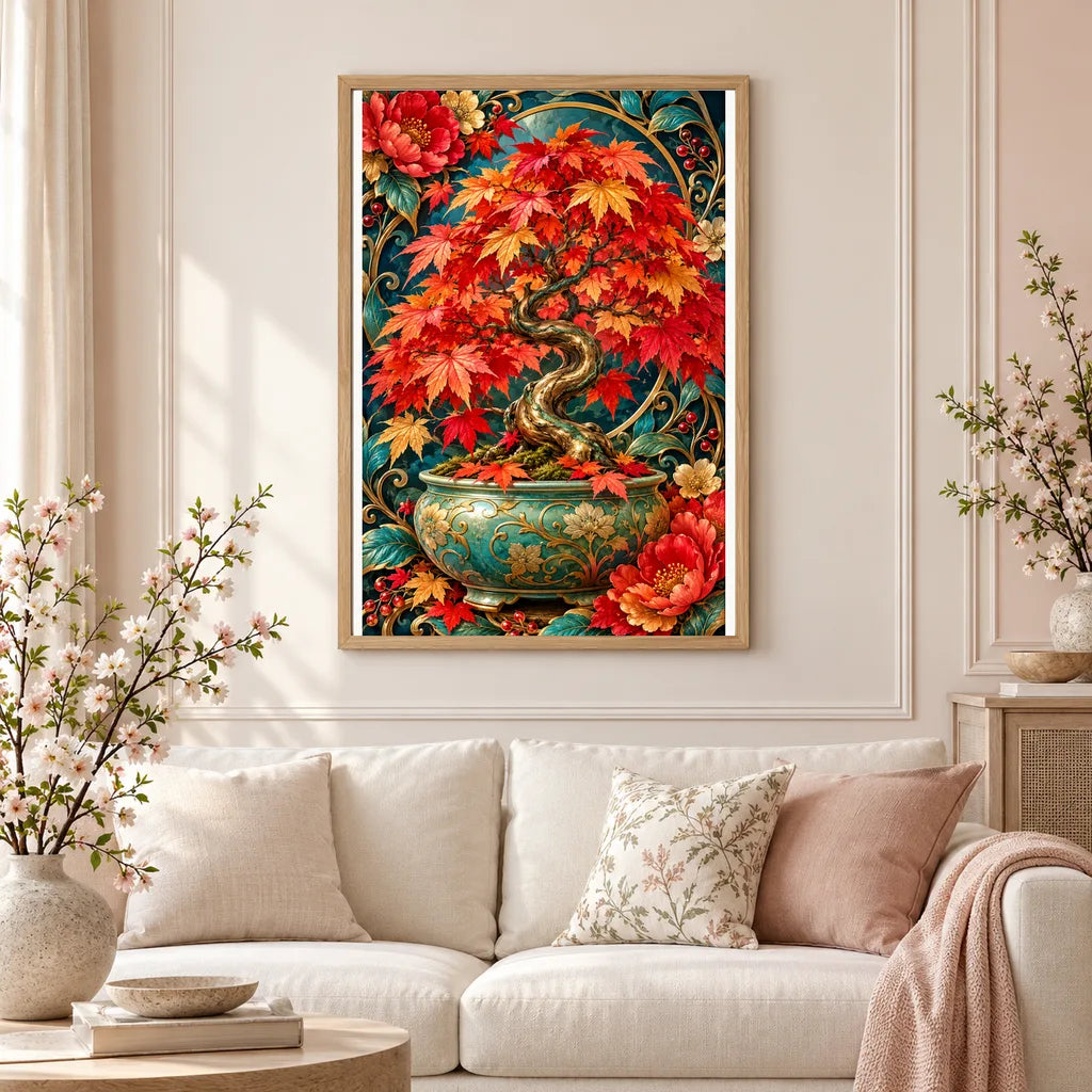 Framed Maple Bonsai Jewel Canopy diamond painting displayed in a home interior