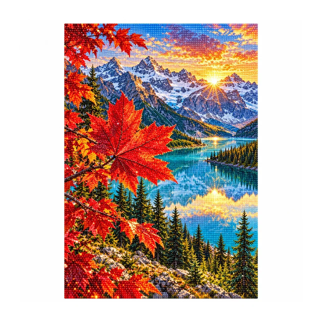 White-background finished diamond painting of Maple Leaf Rockies.