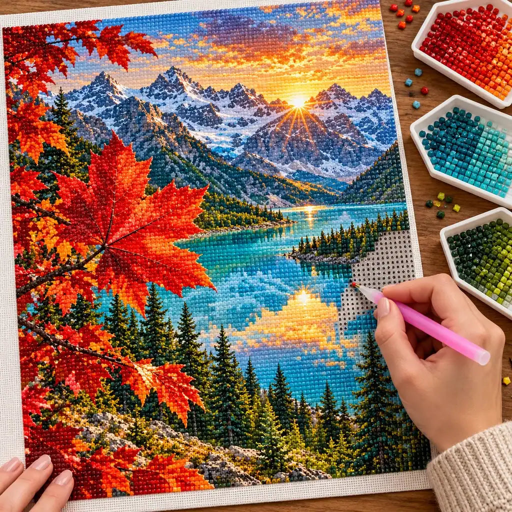 Hands placing diamond drills on the Maple Leaf Rockies design.
