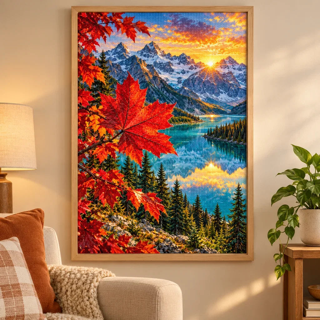 Framed Maple Leaf Rockies diamond painting displayed as home decor.