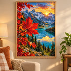 Framed Maple Leaf Rockies diamond painting displayed as home decor.