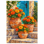 Marigolds by a Blue Cottage Door: complete diamond painting on white background
