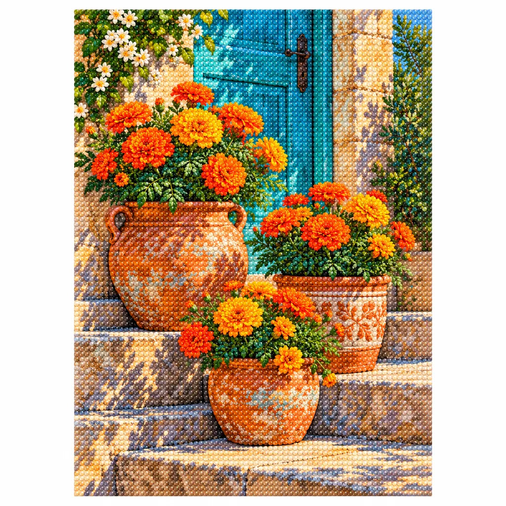 Marigolds by a Blue Cottage Door: complete diamond painting on white background