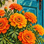 Marigolds by a Blue Cottage Door: close-up of diamond drills and artwork detail