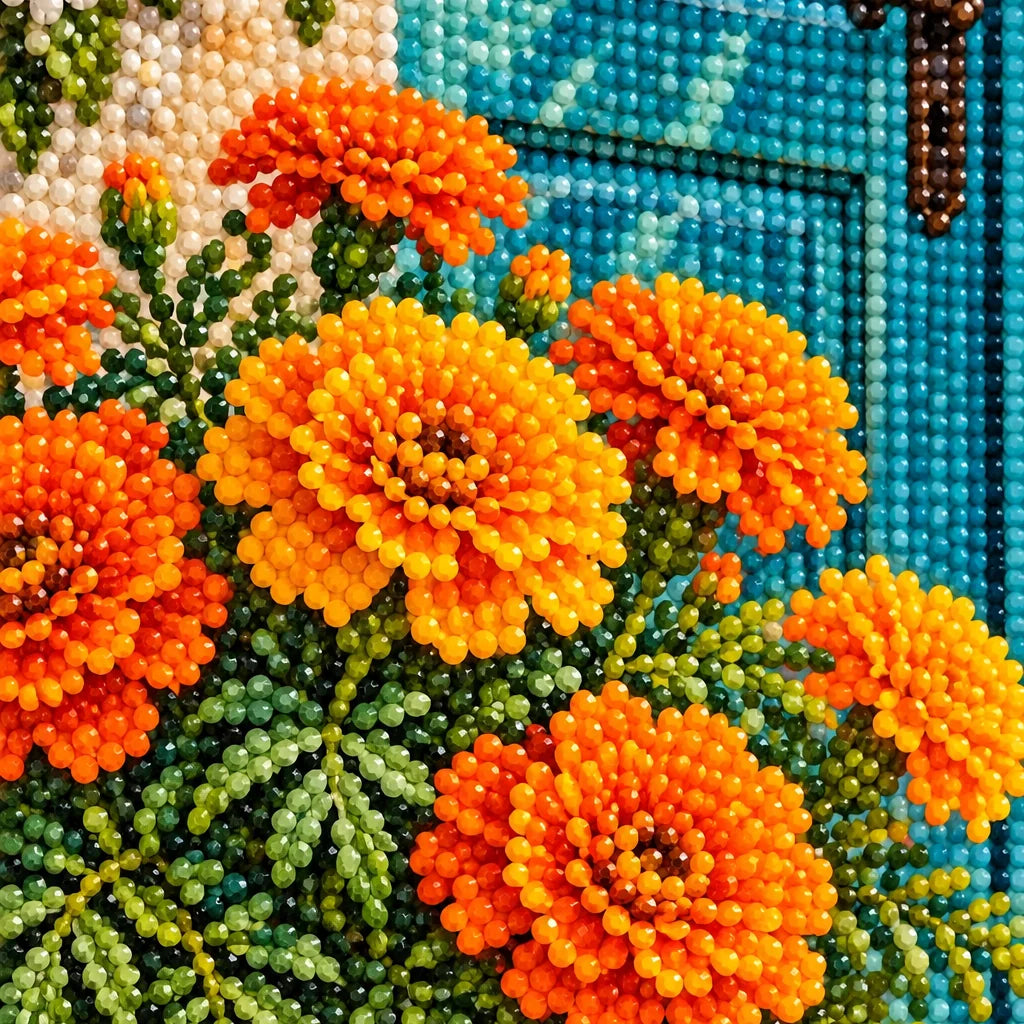 Marigolds by a Blue Cottage Door: close-up of diamond drills and artwork detail