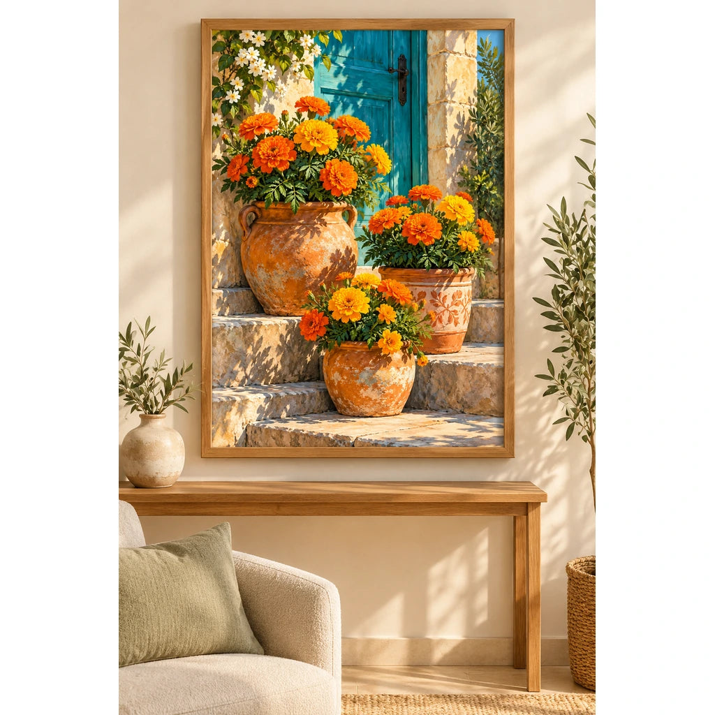 Marigolds by a Blue Cottage Door: finished artwork displayed in a home