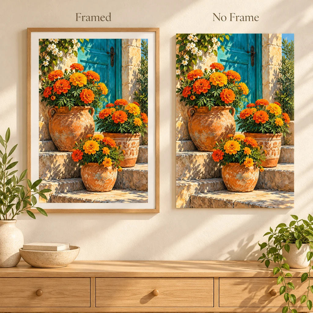 Marigolds by a Blue Cottage Door: framed and no-frame style comparison