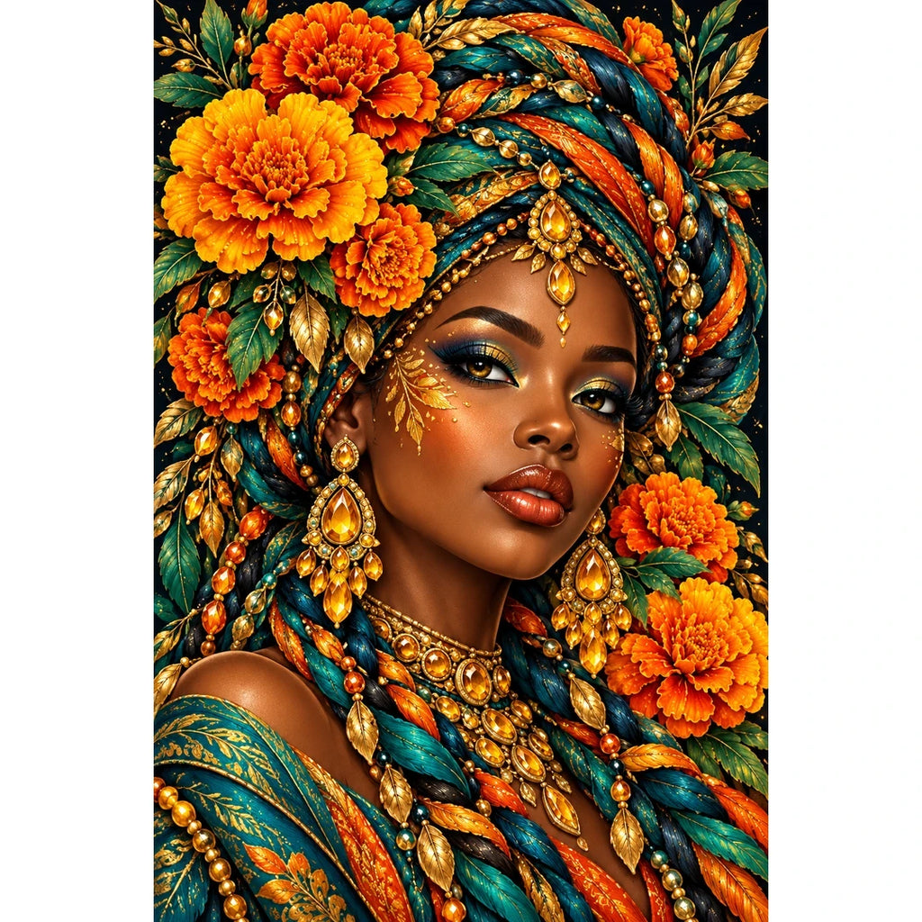 Marigold Festival Queen finished diamond painting on white background