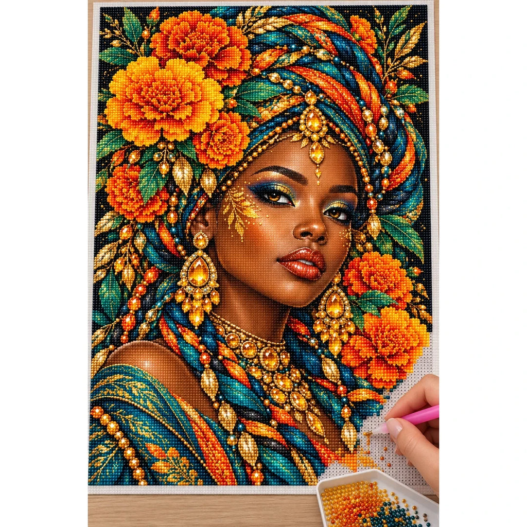 Marigold Festival Queen diamond painting process with pen and tray